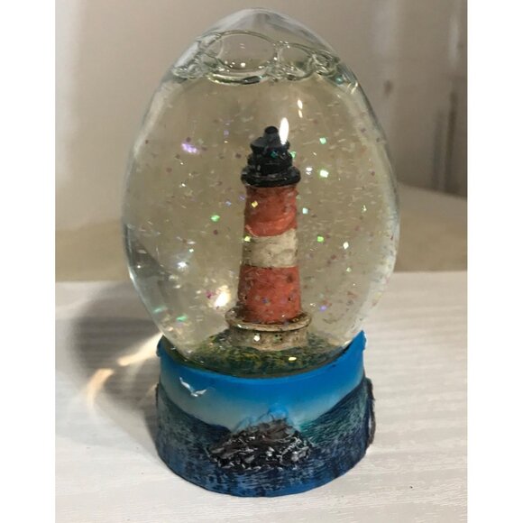 Lighthouse Snow Globe Red White With Blue Base Seagull & Sailboat Scene Nautical - Picture 3 of 8